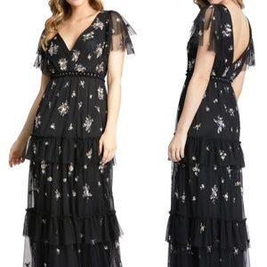 NWT: Mac Duggal Sequin Tiered Flutter Sleeve Gown